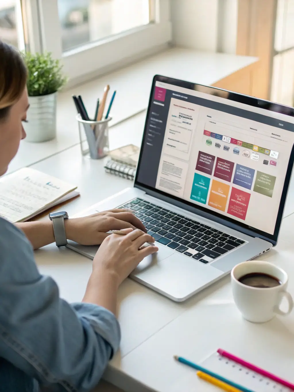 A vibrant image of a laptop displaying a user-friendly website builder interface, showcasing drag-and-drop functionality and various design elements, used to illustrate the ease of creating a website with Freedom Suite's AI Website Builder.